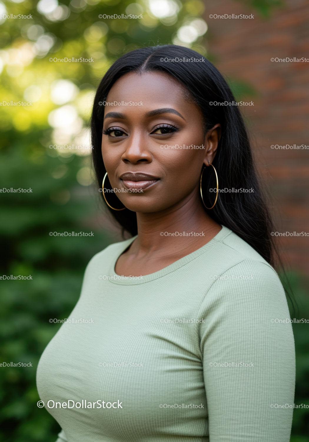 Confident woman posing outdoors with natural background
