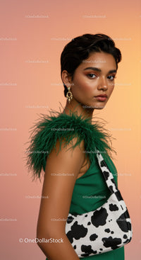 Elegant Woman in Green Dress with Cow Print Purse and Feathered Shoulder