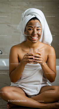 Young Woman Relaxing with Facial Mask and Glass of Water in Bathroom