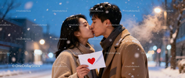 Young couple sharing a romantic kiss in snowy winter evening