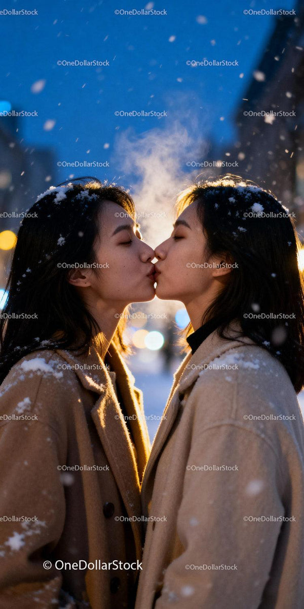 Couple sharing a tender kiss in snowy evening