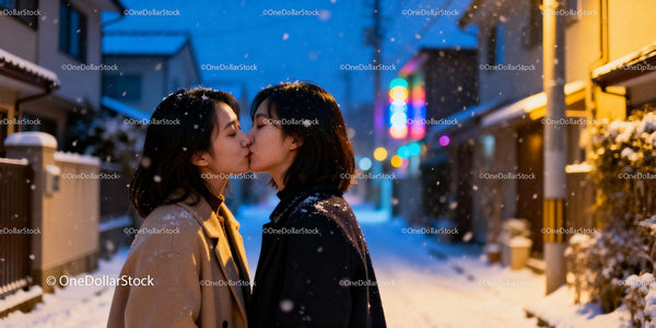 Romantic Winter Kiss on a Snowy Urban Street