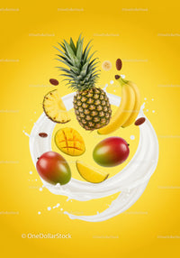 Fresh tropical fruits surrounded by milk splash on yellow