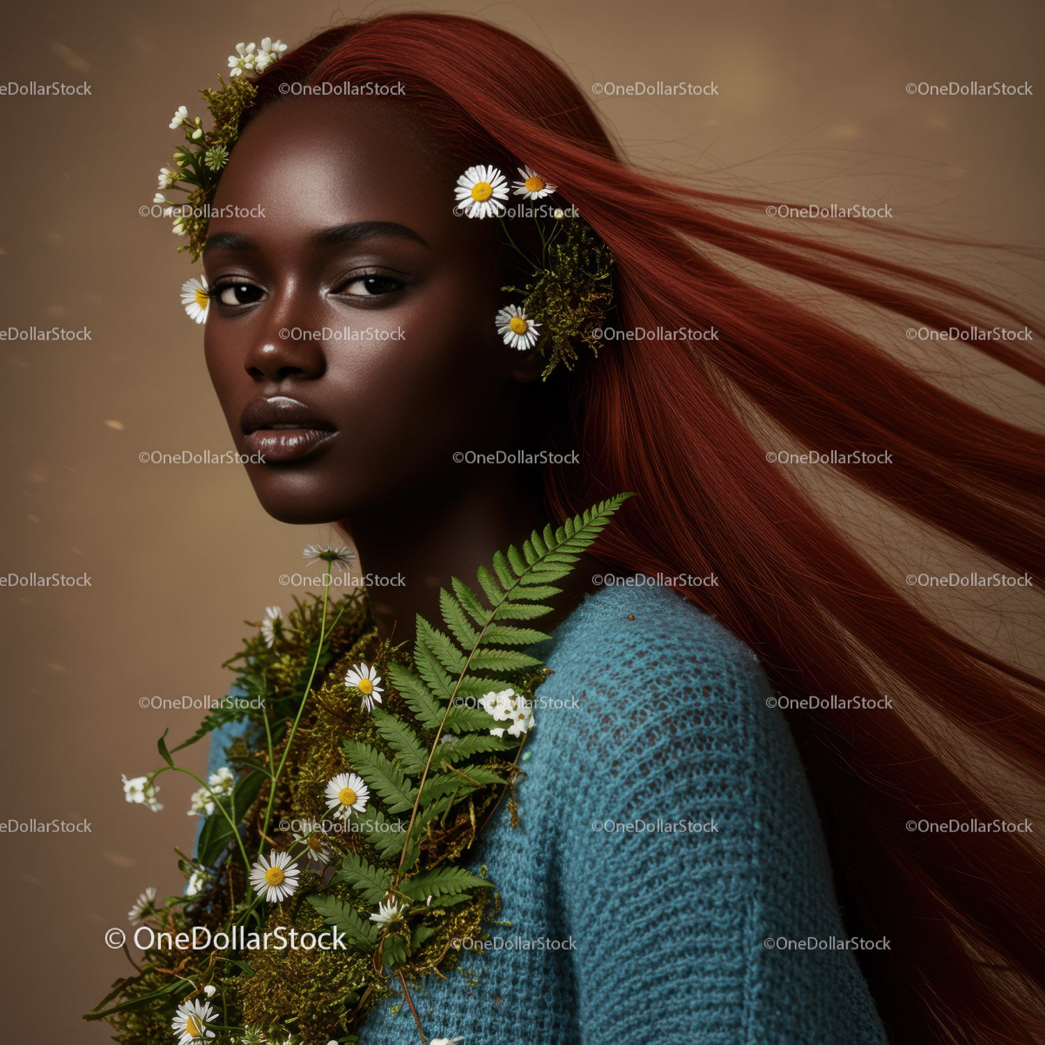 Elegant Portrait of a Woman with Flowing Red Hair and Botanical Accessories
