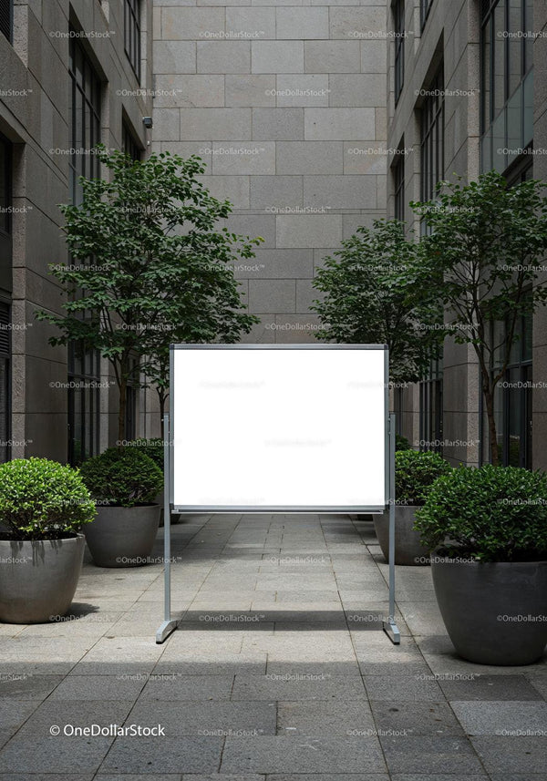 Blank whiteboard in modern outdoor urban courtyard JPG Mockup Image
