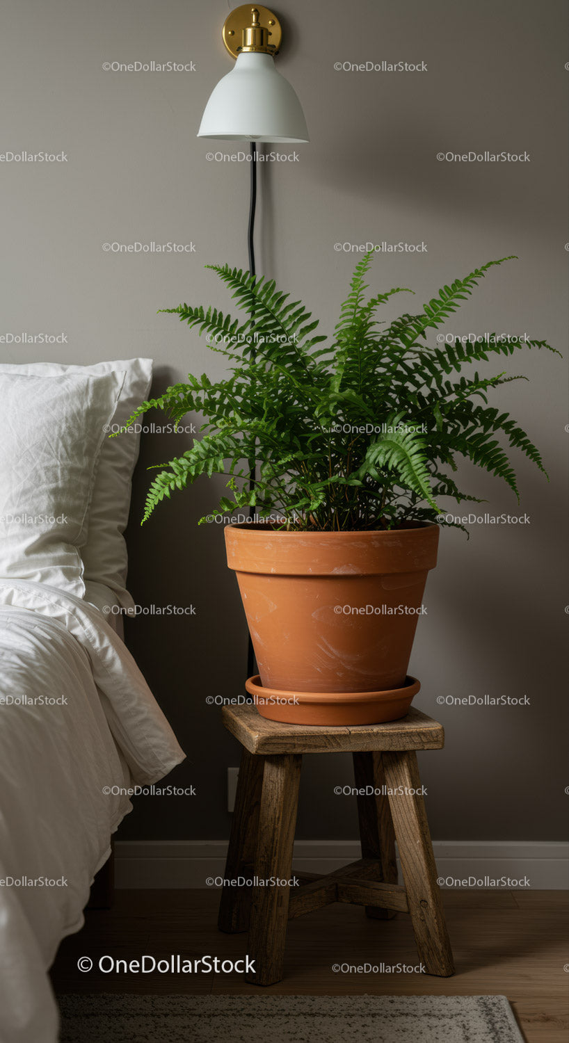 Roślina doniczkowa Lush Fern w doniczce Thermo Terra na rustykalnym drewnianym stojaku