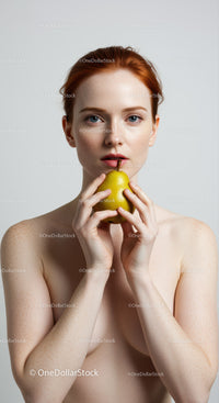 Portrait of a Red-Haired Woman Holding a Pear with Freckles and Natural Beauty