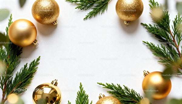 Golden Christmas baubles with green pine branches frame
