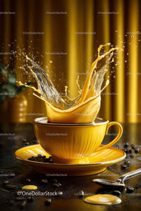 Splashing Coffee in a Yellow Cup with Coffee Beans on a Dark Table