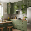 Green Kitchen Cabinets with Hanging Plants and Wooden Countertops