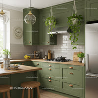 Green Kitchen Cabinets with Hanging Plants and Wooden Countertops