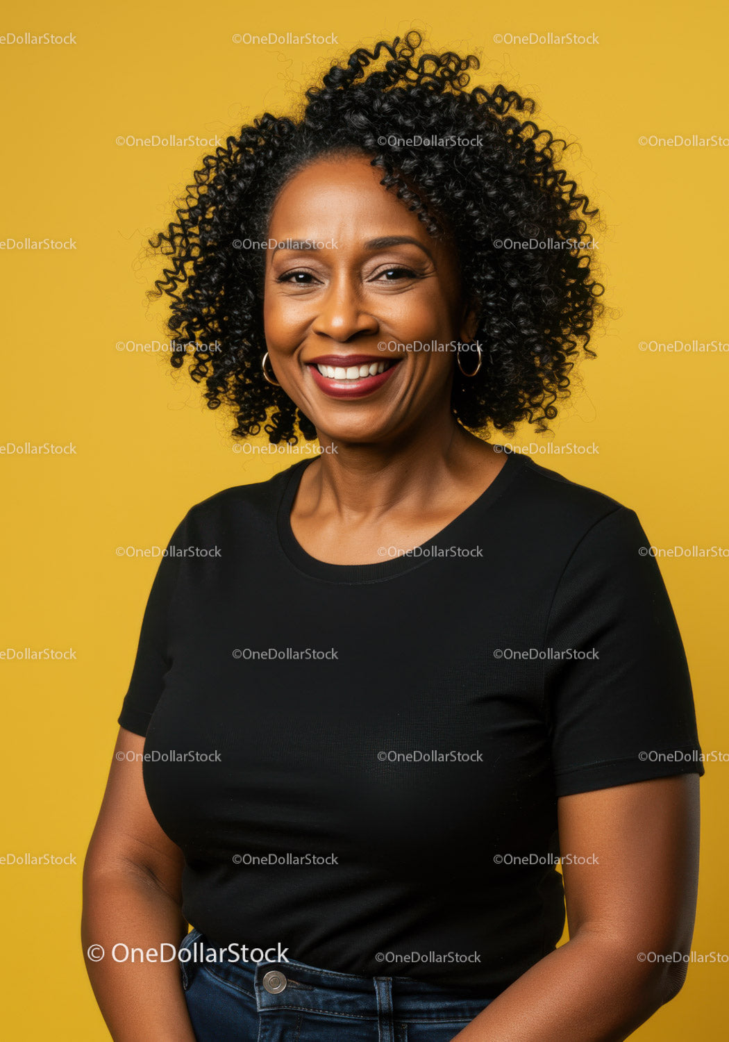 Confident Woman with Curly Hair and Bright Smile in Studio Portrait