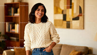Smiling woman in cozy sweater enjoying home comfort