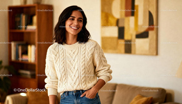 Smiling woman in cozy sweater enjoying home comfort