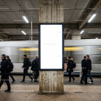 Busy commuters walking past blank illuminated billboard