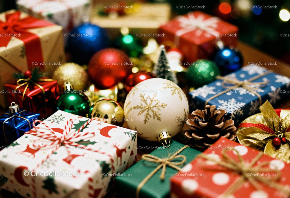 Colorful Christmas gifts and festive holiday ornaments