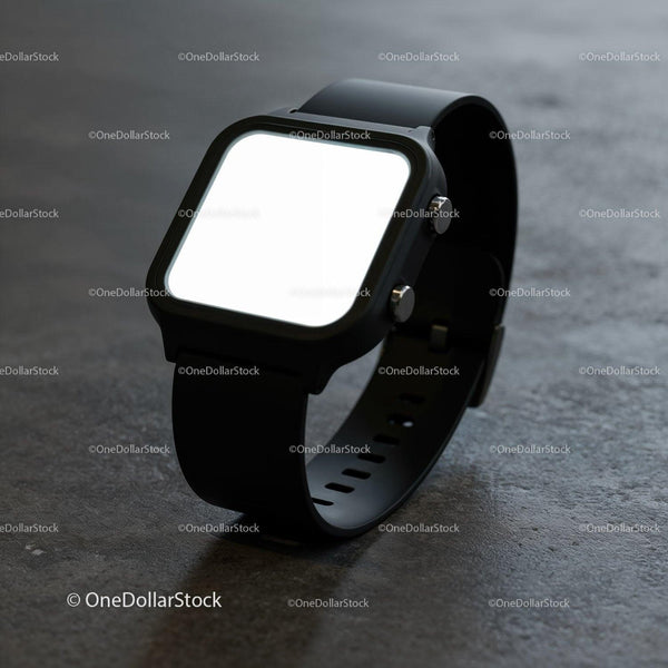 Modern black smartwatch with blank glowing screen JPG Mockup Image