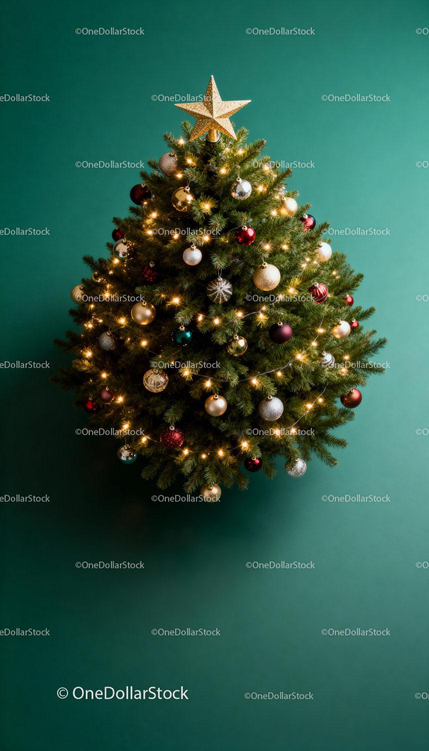Decorated Christmas tree with glowing lights and star topper