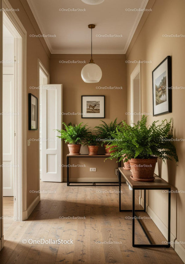 Stylish Interior Hallway with Potted Ferns and Modern Decor