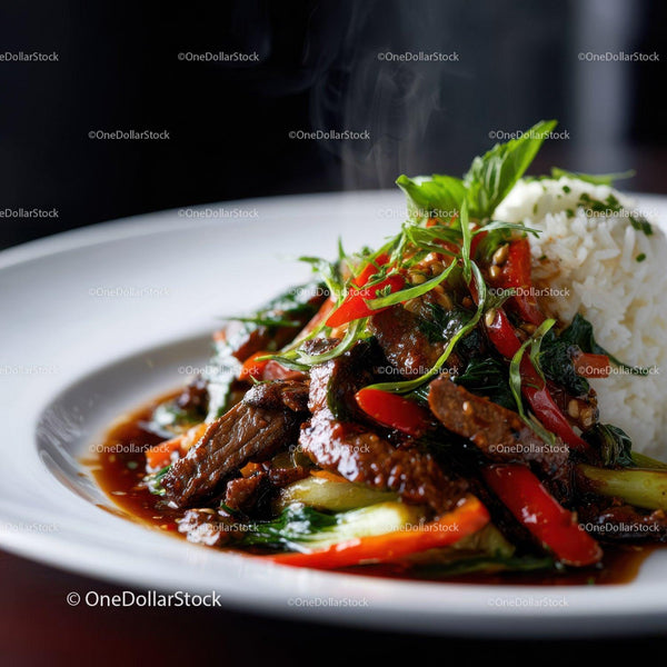 Stir-Fried Beef with Vegetables and White Rice on a White Plate