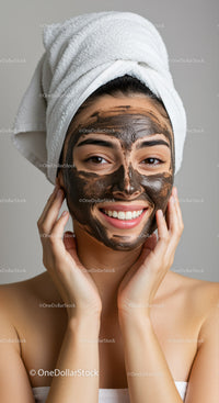 Young Woman Relaxing with Chocolate Facial Face Mask and Towel