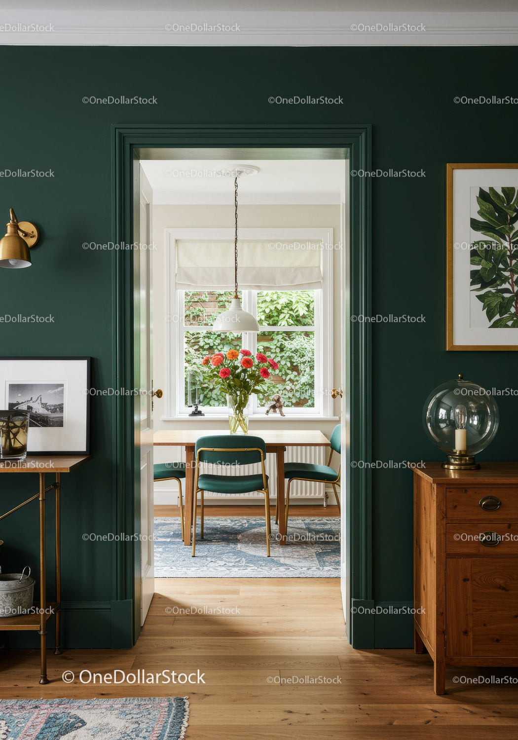 Interior View of a Modern Dining Room with Green Walls and Wooden Furniture