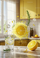 Refreshing lemon and rosemary drink with ice cubes splash