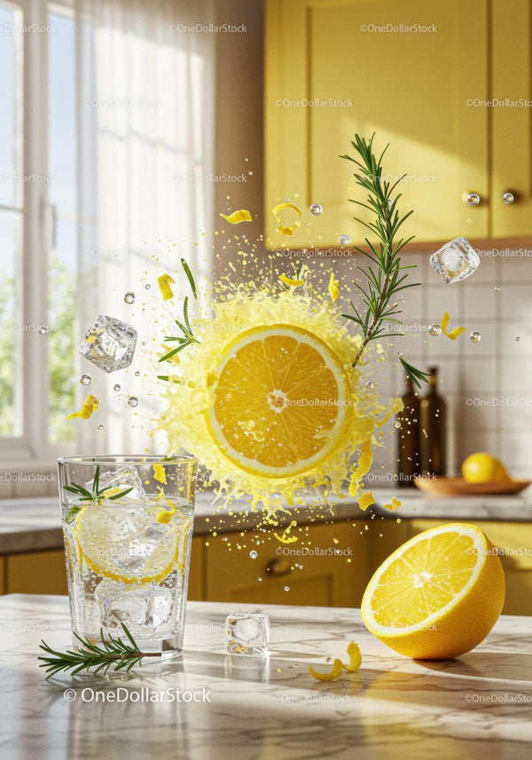 Refreshing lemon and rosemary drink with ice cubes splash
