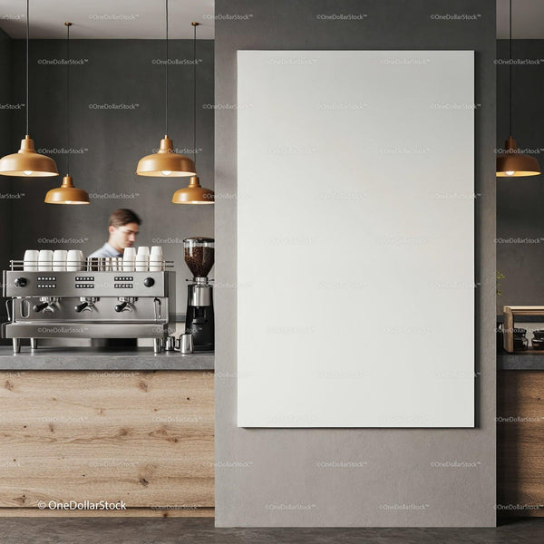 Modern coffee shop interior with empty wall poster JPG Mockup Image