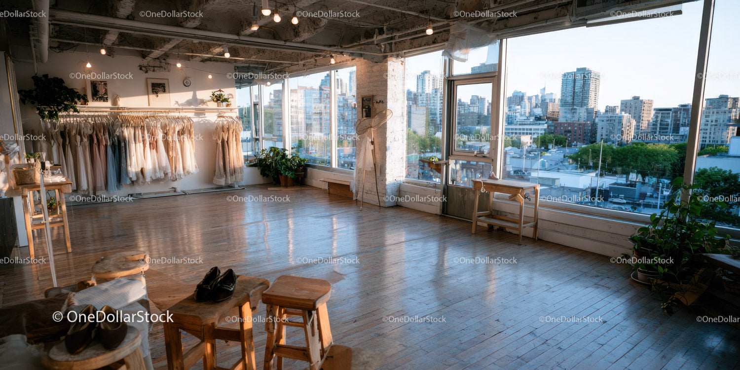 Modern Fashion Boutique with Bridal Dresses and City View