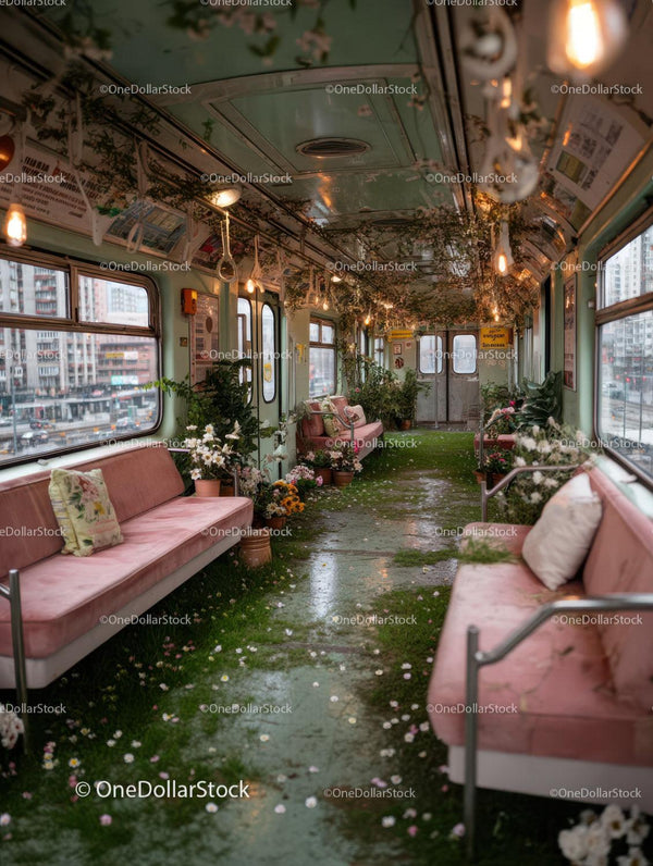 Vintage Abandoned Train Car Surrounded by Overgrown Greenery and Flowers