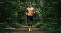 Male Runner with Prosthetic Leg Running Through Foggy Forest Trail