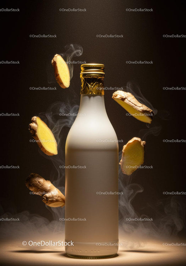 Bottle of ginger-infused beverage with floating slices