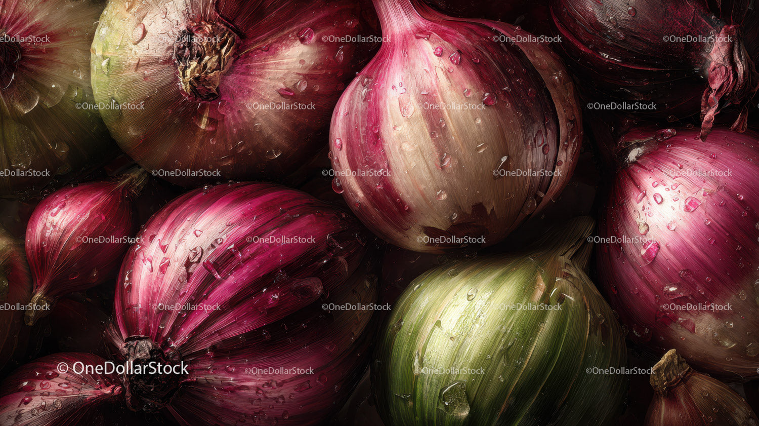 Fresh Colorful Onions with Water Droplets in Close-Up