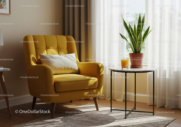 Cozy yellow armchair by sunny window with plant