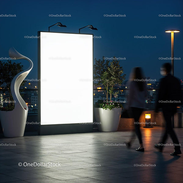 Couple walking past blank illuminated outdoor billboard at night JPG Mockup Image