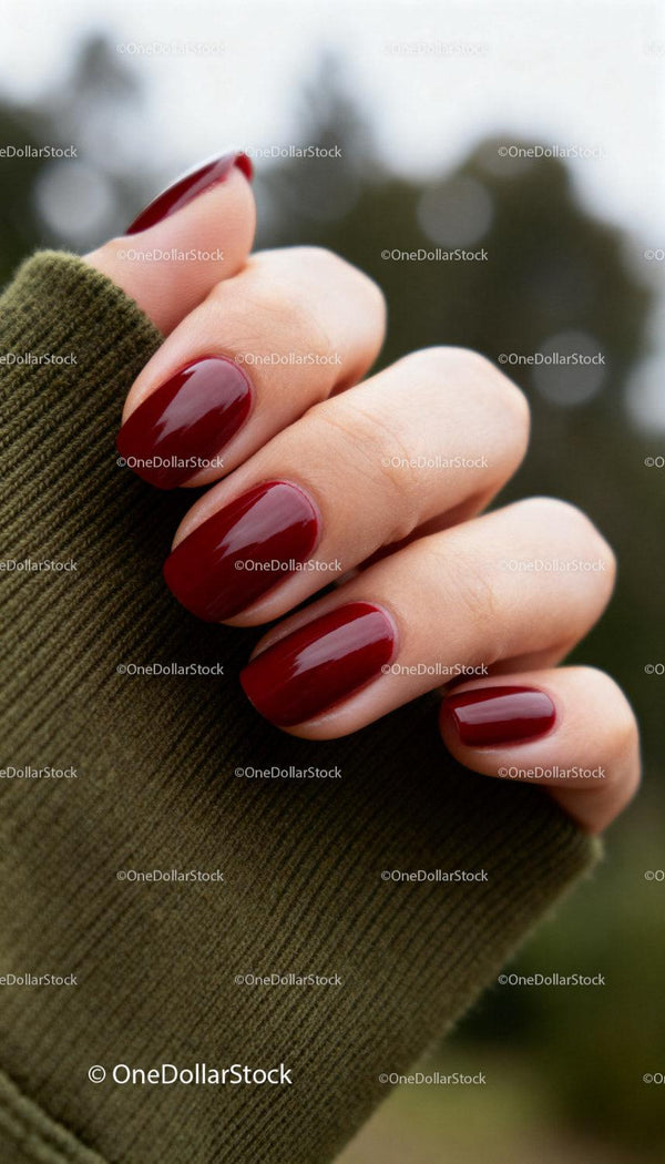 Zbliżenie na dłoń z błyszczącym ciemnoczerwonym manicure