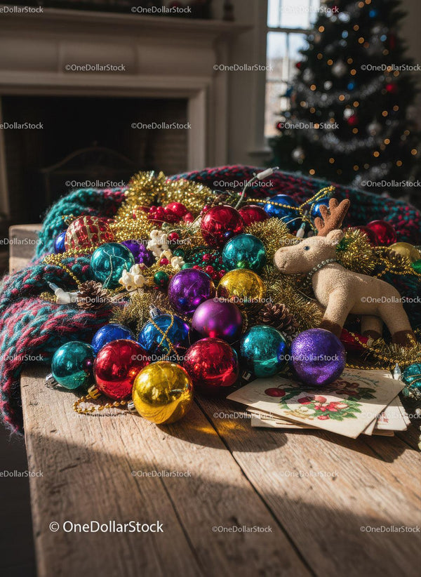 Colorful Christmas ornaments and cozy festive decor
