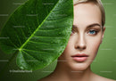 Close-Up of a Woman’s Face with Green Leaf and Water Droplets for Natural Beauty