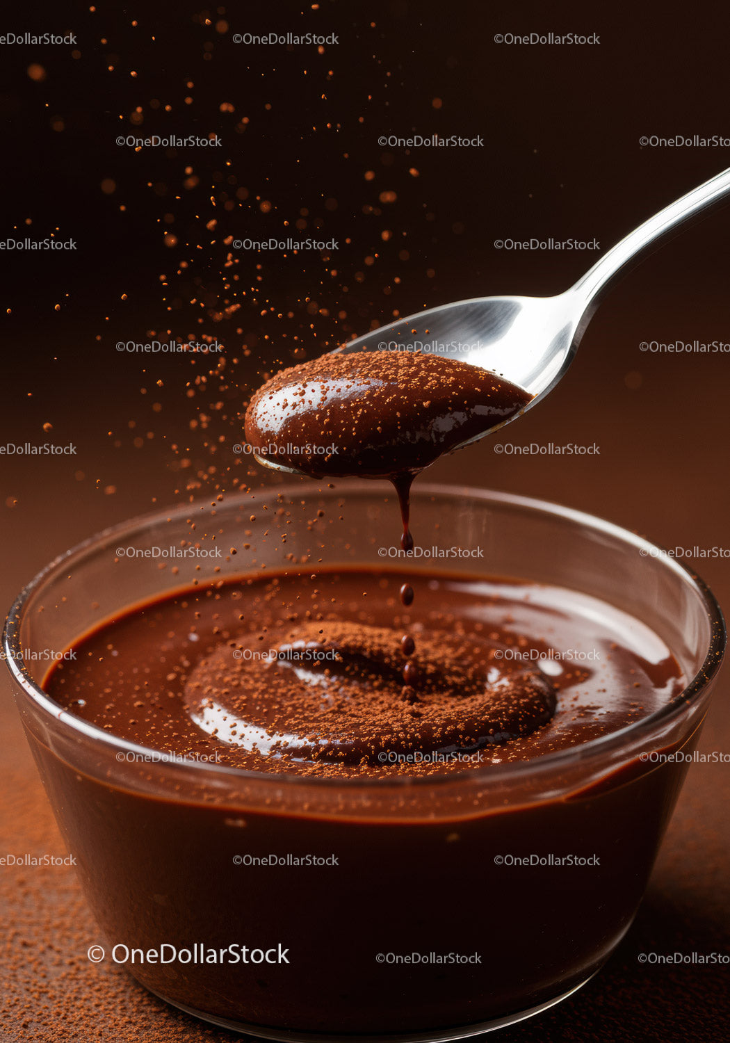 Rich chocolate sauce dripping from a spoon into bowl