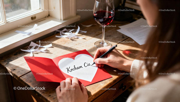 Pisanie romantycznej kartki walentynkowej z czerwonym winem obok