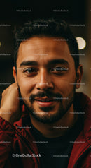 Close up of thoughtful man with beard in cozy jacket