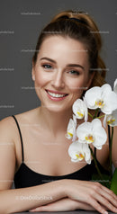 Cheerful Young Woman with White Orchid Flowers and Bright Smile