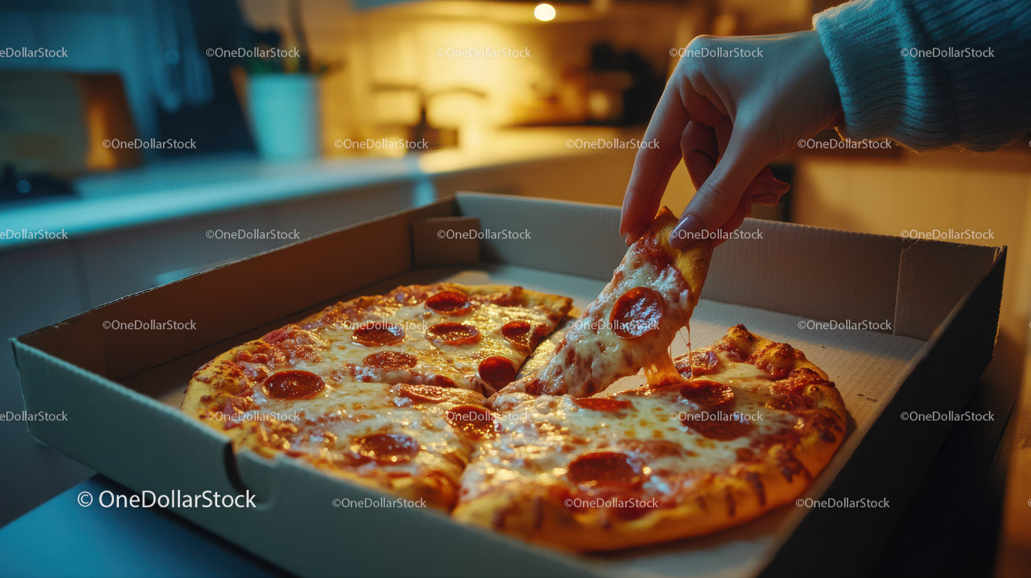 Osoba wyjmująca kawałek pizzy pepperoni z pudełka
