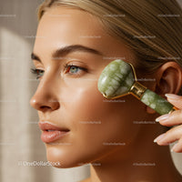 Woman Using Jade Roller for Facial Massage with Glowing Skin