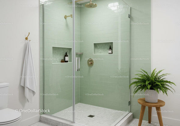 Modern minimalist bathroom with glass shower and greenery