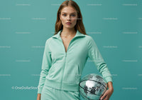 Young Woman in Mint Green Tracksuit Holding Disco Ball in Studio