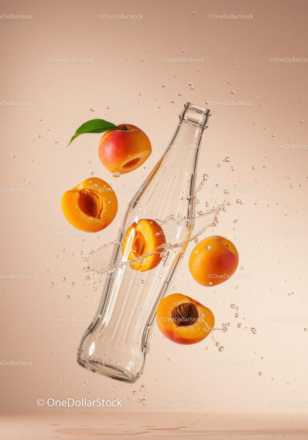 Floating glass bottle surrounded by fresh apricots and water splashes