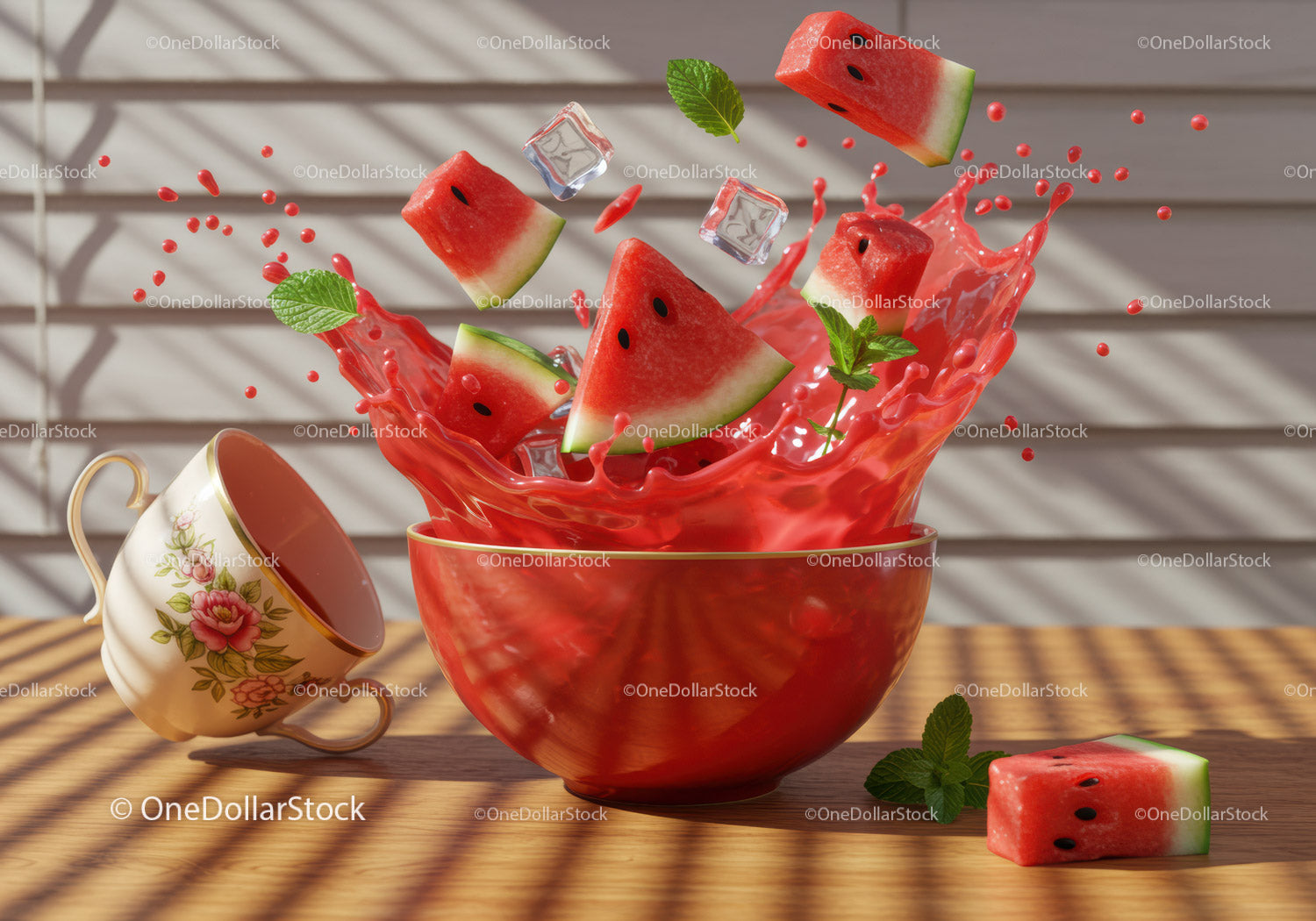 Fresh watermelon slices splashing in vibrant red bowl