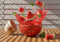 Fresh watermelon slices splashing in vibrant red bowl